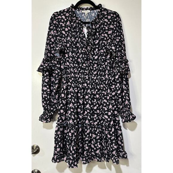 Stellah Tie-Neck Mini Dress Black Floral Print Size Medium NWT - Picture 2 of 14
